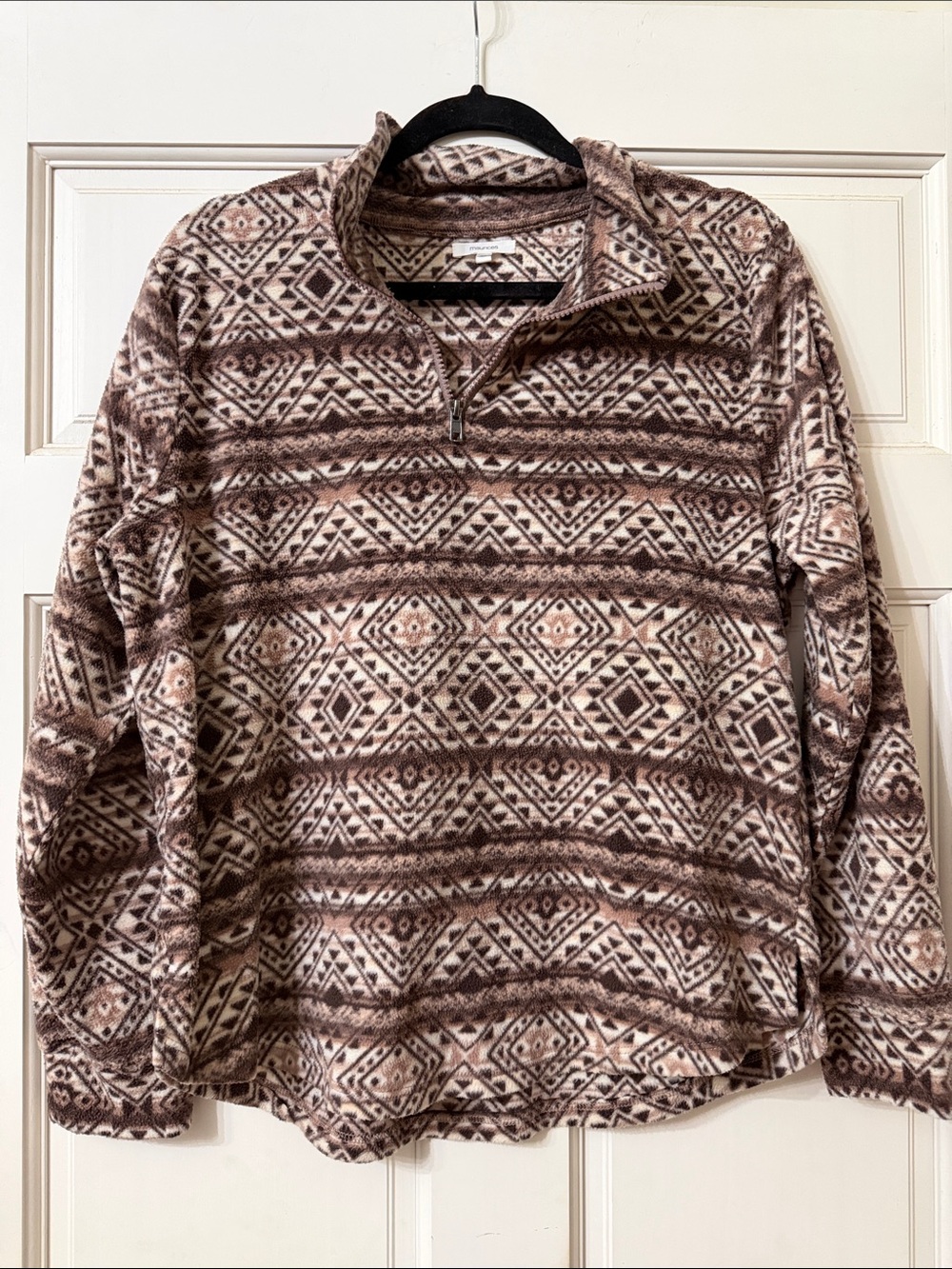 Maurices Aztec-Print Fleece Quarter-Zip in Brown and Cream
